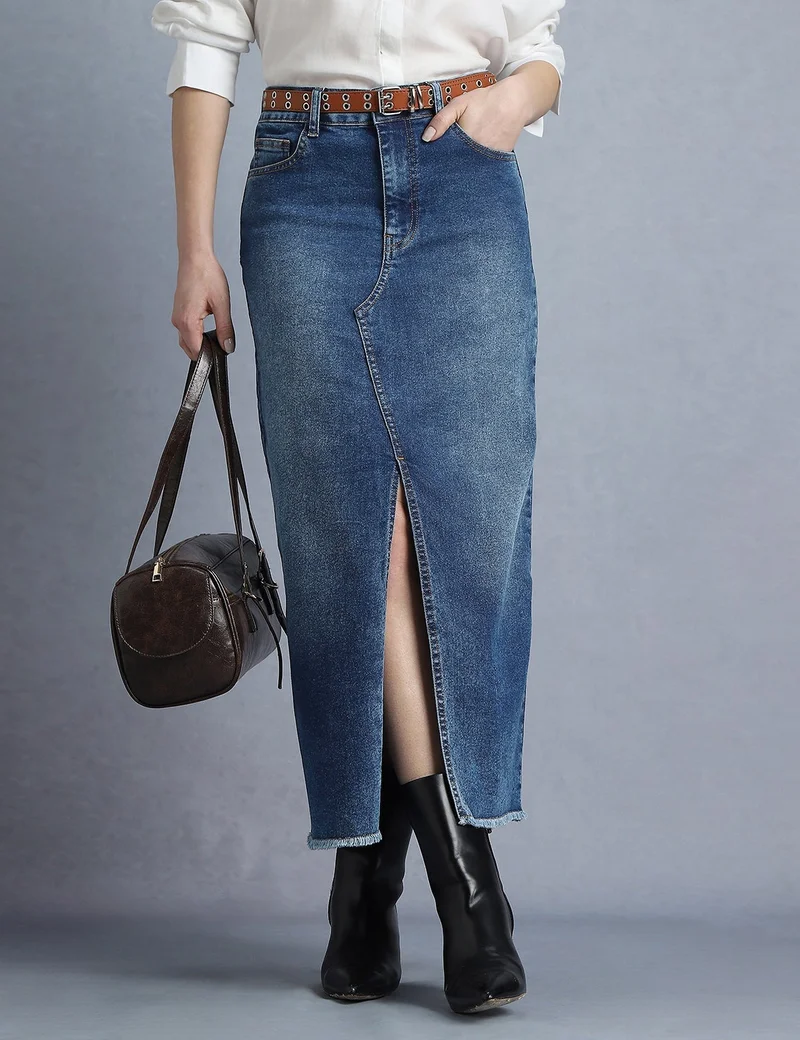 inkd Denim Drama Women's Denim Skirt - Midi Skirt with Front Slit | Long Straight Fit Skirt for Women | Skirt for Woman for Women | Best Price UAE